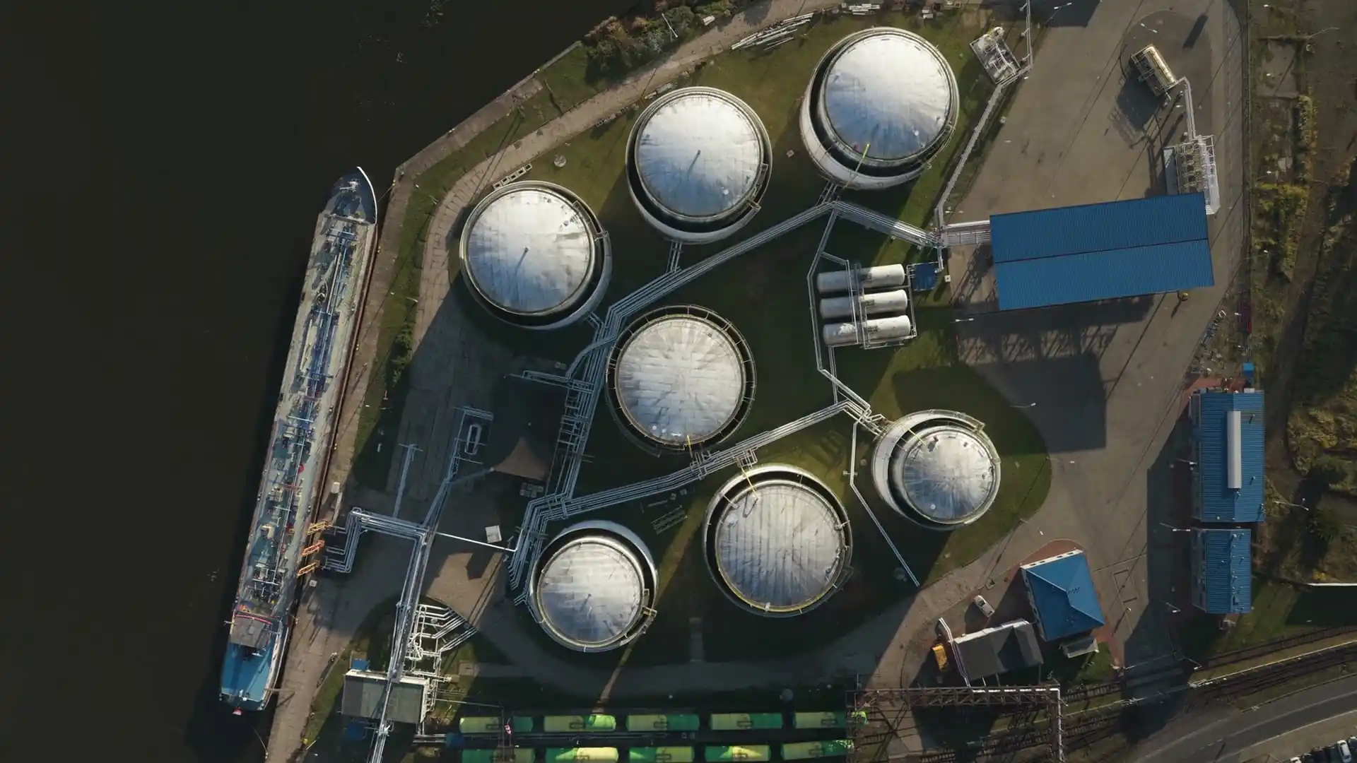 Aerial view of a crude oil storage and petroleum transport terminal